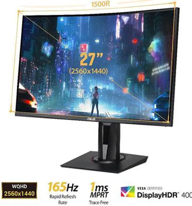 Alt view image 3 of 8 - ASUS TUF GAMING VG27WQ 27" WQHD 2560 x 1440 (2K) 1ms (MPRT) 165Hz (Max) HDMI, DisplayPort FreeSync DisplayHDR 400 Built-in Speakers Height Adjustable Curved Gaming Monitor