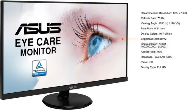 Alt view image 6 of 7 - ASUS 27" VA27DQ 1080P Full HD, IPS, 75Hz, Speakers, Adaptive-sync/FreeSync, Low Blue Light, Flicker Free, VESA Mountable, Frameless, HDMI, VGA, DisplayPort, Tilt Adjustable Monitor