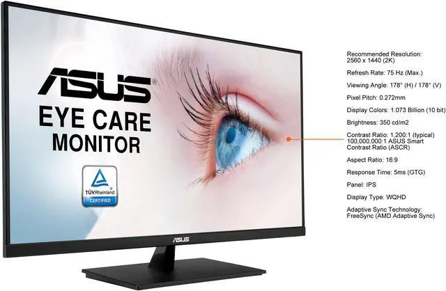 Alt view image 6 of 9 - ASUS 32" (31.5" Viewable) 1440P Monitor (VP32AQ) - QHD (2560 x 1440), IPS, 100% sRGB, HDR10, 75Hz, Speakers, Adaptive-Sync/FreeSync, Low Blue Light, Eye Care, VESA Mountable, Frameless, DisplayPort, HDMI, Tilt
