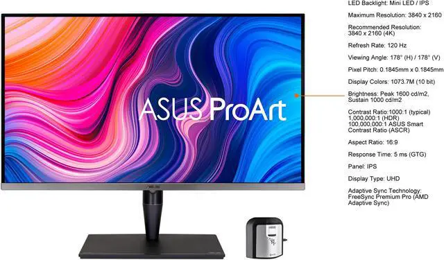 Alt view image 4 of 7 - ASUS ProArt PA32UCG-K 32" 4K HDR UHD 3840 x 2160 Mini-LED IPS, Dolby Vision, 1600nits, 120Hz, 10-bit, 98% DCI-P3, Calman Ready, Thunderbolt 3, HDMI2.1, w/ Calibrator Professional Monitor