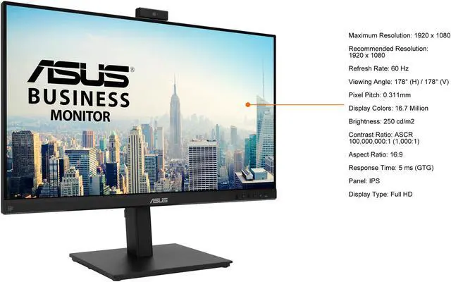 Alt view image 5 of 12 - ASUS 27" BE279QSK 1080P Full HD IPS Built-in Adjustable 2MP Webcam, Mic Array, Speakers, Eye Care, Wall Mountable, Frameless, HDMI, DisplayPort, VGA, Height Adjustable Video Conference Monitor