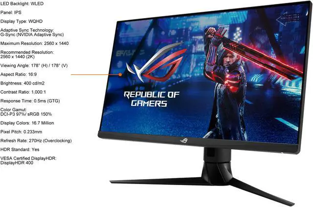 Alt view image 4 of 8 - ASUS ROG Strix 27" 1440P HDR Gaming Monitor (XG27AQM) - QHD (2560 x 1440), Fast IPS, 270Hz, 0.5ms, Extreme Low Motion Blur Sync, G-SYNC Compatible, DisplayHDR 400, Eye Care, DisplayPort, HDMI, USB 3.0
