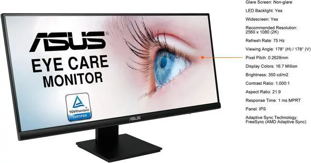 Alt view image 6 of 13 - ASUS 29" 1080P Ultrawide HDR Monitor (VP299CL) - 21:9 (2560 x 1080), IPS, 75Hz, 1ms, USB-C w/ 15W Power Delivery, FreeSync, Eye Care Plus, HDR10, VESA Mountable, HDMI, DisplayPort, Height Adjustable