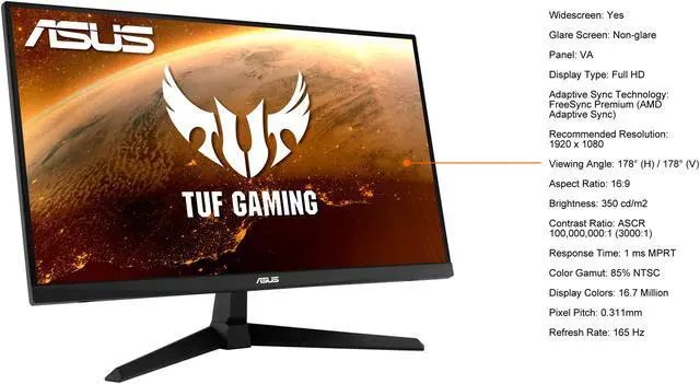 Alt view image 5 of 9 - ASUS TUF Gaming 27" 1080P Gaming Monitor (VG277Q1A) - Full HD, 165Hz (Supports 144Hz), 1ms, Extreme Low Motion Blur, FreeSync Premium, Shadow Boost, Eye Care, HDMI, DisplayPort, Tilt Adjustable