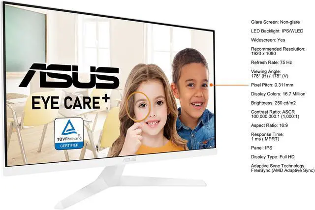 Alt view image 5 of 9 - ASUS VY279HE-W 27" 1080P Monitor - White, Full HD, 75Hz, IPS, Adaptive-Sync/FreeSync, Eye Care Plus, Color Augmentation, Rest Reminder, Antibacterial Surface, HDMI, VGA, Frameless, VESA Wall Mountable