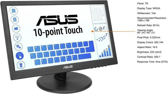 Alt view image 6 of 10 - ASUS 15.6" Touch Monitor (VT168HR) - WXGA (1366 x 768), 10-point Touchscreen, Flicker free, Low Blue Light, Eye Care, VESA Mountable, VGA, HDMI, Tilt