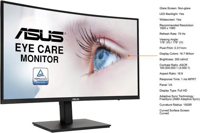 Alt view image 5 of 13 - ASUS 27" 1080P Curved Monitor (VA27VQSE) - Full HD, 75Hz, 1ms, Adaptive-Sync/FreeSync, Low Blue Light, Flicker Free, VESA Mountable, Frameless, HDMI, DisplayPort, HDR10, Height Adjustable