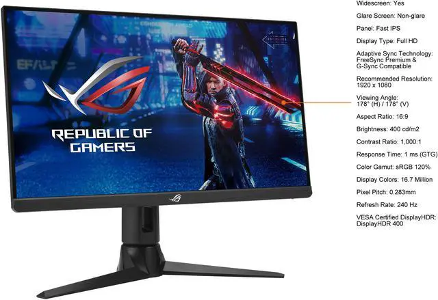 Alt view image 5 of 12 - ASUS ROG Strix 24.5" 1080P HDR Gaming Monitor (XG259CM) - Full HD, Fast IPS, 240Hz, 1ms, Extreme Low Motion Blur Sync, G-Sync Compatible, KVM Support, Tripod Socket for Webcam, USB Type-C, DisplayPort