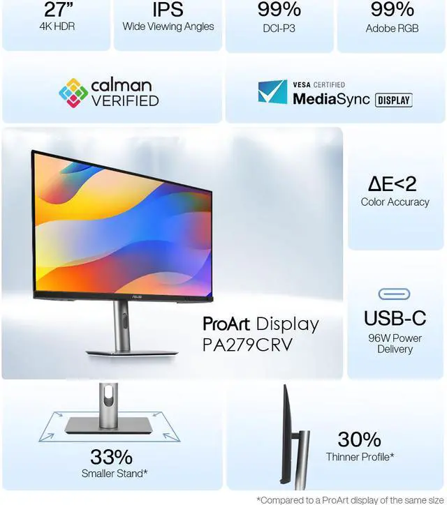 Alt view image 20 of 20 - ASUS ProArt Display 27" 4K HDR Professional Monitor (PA279CRV) - IPS, UHD (3840 x 2160), 99% DCI-P3/Adobe RGB, Delta E < 2, Calman Verified, USB-C PD 96W, DisplayPort, Daisy-Chain, Height Adjustable
