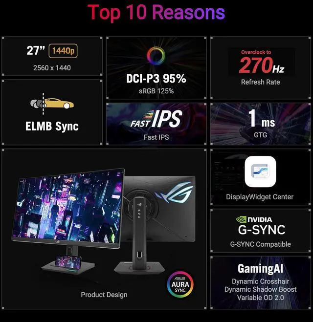 Alt view image 4 of 13 - ASUS 27" 270 Hz Fast IPS QHD Gaming Monitor FreeSync Premium & G-Sync Compatible 95% DCI-P3, 125% sRGB ROG Strix XG27ACMG