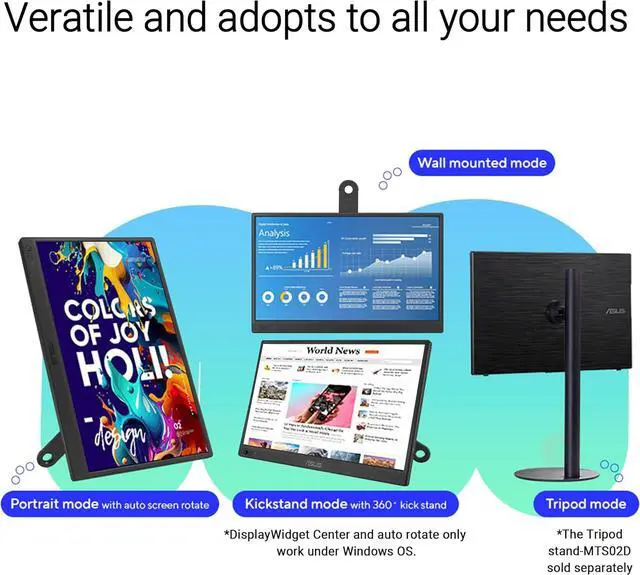 Alt view image 12 of 15 - ASUS ZenScreen 16" Portable USB Monitor (MB169CK) - Full HD, IPS, Dual USB-C, Eye Care, Flicker Free, Blue Light Filter, Anti-glare Surface, 360° Kickstand