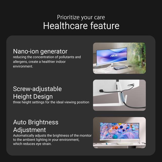 Alt view image 15 of 16 - ASUS 34" Ultra-wide Curved Eye Care Monitor (VU34WCIP-W) - WQHD (3440x1440), 1500R Curvature, Frameless, 100Hz, Nano-ion, SmoothMotion, Eye Care Plus, USB-C PD 65W, Speakers