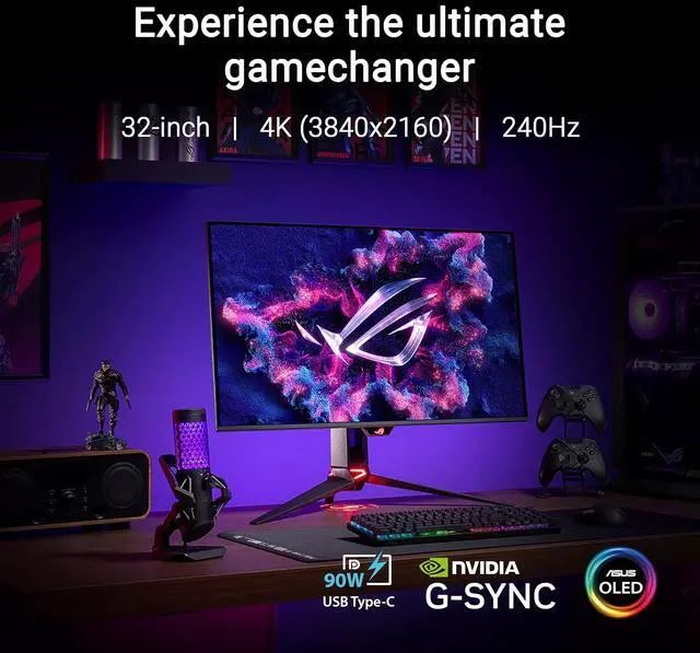 Alt view image 5 of 13 - ASUS ROG Swift 32" 4K OLED Gaming Monitor(PG32UCDMR)-UHD (3840 x 2160), QD-OLED, 240 Hz, 0.03ms, FreeSync Premium Pro & G-Sync Compatible DCI-P3 99%, True 10-bit, 90W USB-C