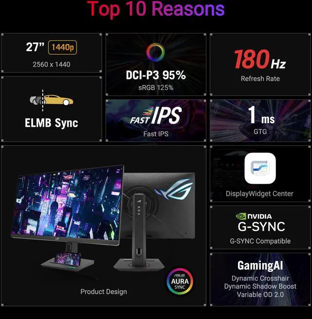 Alt view image 5 of 16 - ASUS ROG Strix XG27ACG USB Type-C Gaming Monitor – 27'' WQHD(2560x1440), 180Hz, 1ms (GTG), Fast IPS, Extreme Low Motion Blur Sync, USB Type-C, G-Sync compatible (processing), DisplayWidget