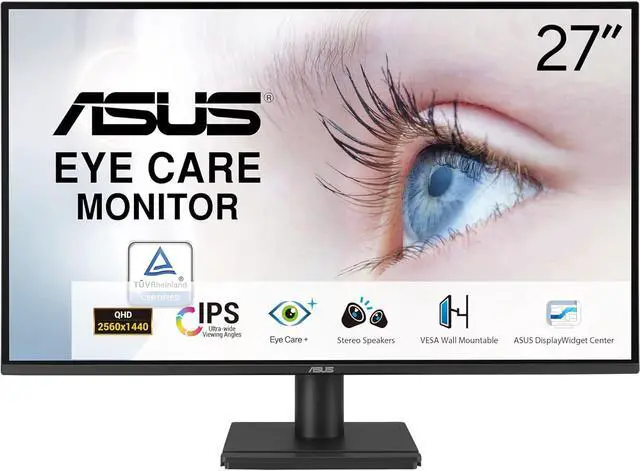 Main image of ASUS 27” 1440P Eye Care Monitor (VA27AQ) - IPS, QHD (2560 x 1440), 99% sRGB, Frameless, HDMI, DisplayPort, VGA, 1ms, Speakers,?Low Blue Light, Flicker Free, VESA Wall Mountable, 3 yr Warranty