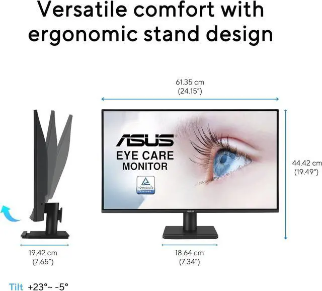 Alt view image 8 of 16 - ASUS 27” 1440P Eye Care Monitor (VA27AQ) - IPS, QHD (2560 x 1440), 99% sRGB, Frameless, HDMI, DisplayPort, VGA, 1ms, Speakers,?Low Blue Light, Flicker Free, VESA Wall Mountable, 3 yr Warranty