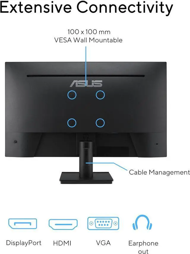 Alt view image 9 of 16 - ASUS 27” 1440P Eye Care Monitor (VA27AQ) - IPS, QHD (2560 x 1440), 99% sRGB, Frameless, HDMI, DisplayPort, VGA, 1ms, Speakers,?Low Blue Light, Flicker Free, VESA Wall Mountable, 3 yr Warranty