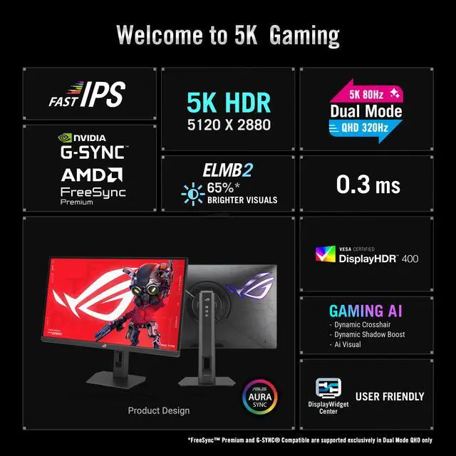 Alt view image 15 of 17 - ASUS ROG 27 Inch 5K HDR Fast IPS Gaming Monitor (XG27JCEG) - Dual mode 5K 80Hz or QHD 320Hz, Extreme Low Motion Blur Sync, USB-C (15W PD), G-SYNC Compatible, Tripod Socket, Aura Sync