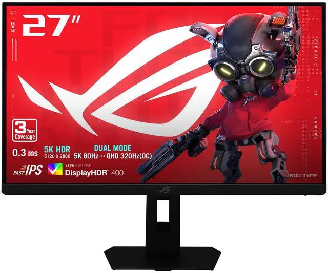 Main image of ASUS ROG 27 Inch 5K HDR Fast IPS Gaming Monitor (XG27JCEG) - Dual mode 5K 80Hz or QHD 320Hz, Extreme Low Motion Blur Sync, USB-C (15W PD), G-SYNC Compatible, Tripod Socket, Aura Sync