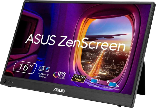 Main image of ASUS ZenScreen MB16AHVE Portable Monitor - 16-inch (15.6 inch viewable) FHD, IPS panel, Power Pass Through, Auto Rotate, tripod, USB Type-C, mini-HDMI, Flicker Free, Low Blue Light, FSC Mix-certified