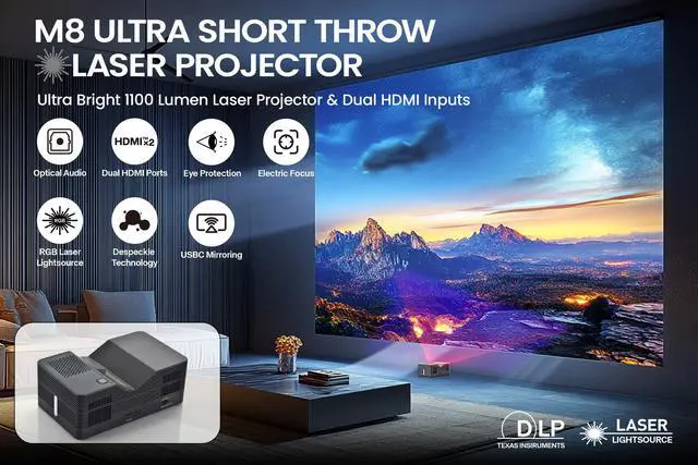 Alt view image 7 of 14 - AAXA M8 UST Laser Projector Ultra Short Throw 4K Laser Projector 1100 LD Lumens, BT 5.4, WiFi 6, USBC Mirroring, 2xHDMI, Optical Audio, Efocus, Auto Keystone, Smart Projector
