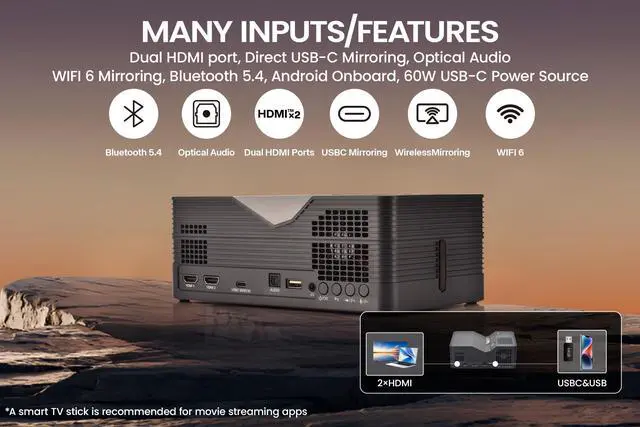 Alt view image 13 of 14 - AAXA M8 UST Laser Projector Ultra Short Throw 4K Laser Projector 1100 LD Lumens, BT 5.4, WiFi 6, USBC Mirroring, 2xHDMI, Optical Audio, Efocus, Auto Keystone, Smart Projector