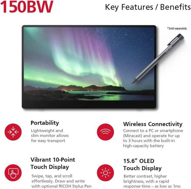 Alt view image 7 of 8 - Ricoh 15.6" Portable Monitor 150BW Wireless - 1920 x 1080 - OLED Display - USB C - Dual Speaker