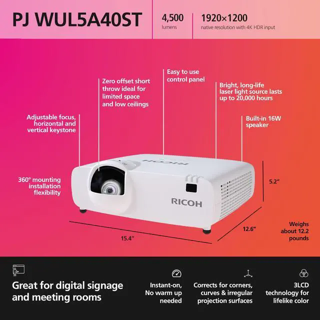 Alt view image 9 of 10 - RICOH Short Throw Laser Projector PJ WUL5A40ST