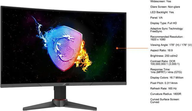 Alt view image 4 of 20 - MSI Optix MAG271VCR 27" Full HD 1920 x 1080 1ms (MPRT) 165Hz 2 x HDMI, DisplayPort FreeSync Height Adjustable Curved Gaming Monitor