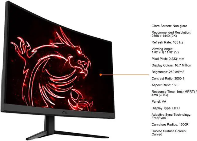Alt view image 4 of 8 - MSI 27" 165 Hz VA QHD Gaming Monitor FreeSync 2 x HDMI, DisplayPort Optix G27CQ4
