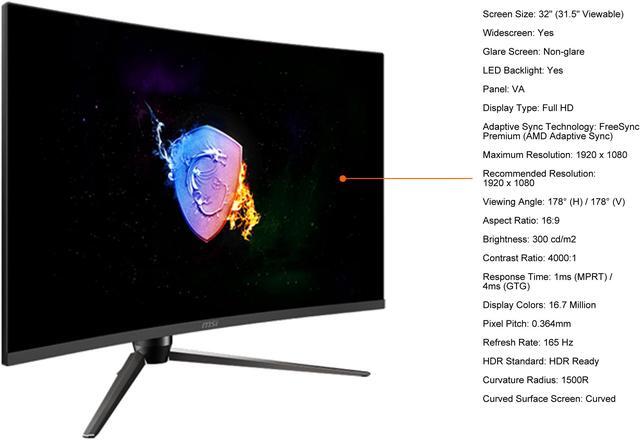 Alt view image 4 of 14 - MSI Optix AG321CR 32" (31.5" Viewable) 1920 x 1080 165Hz 1ms HDMI, DisplayPort, USB FreeSync Premium Curved Gaming Monitor