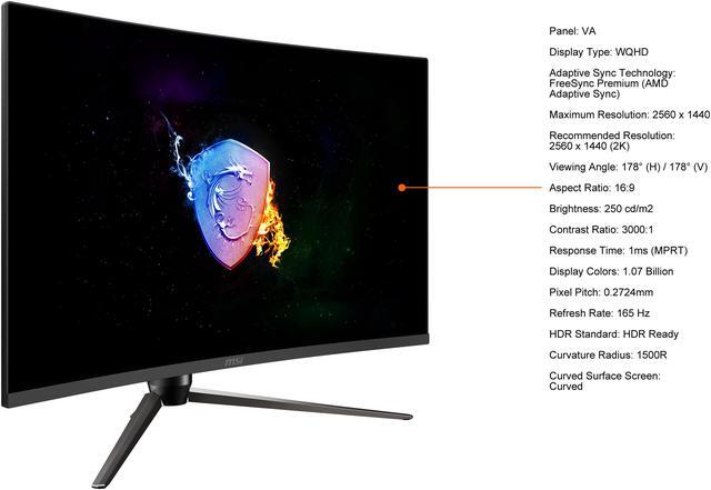 Alt view image 8 of 16 - MSI Optix AG321CQR 32" (31.5" Viewable) QHD 2560 x 1440 (2K) 165Hz HDMI DisplayPort, Tilt Swivel Pivot Height Adjust AMD FreeSync Premium Curved Gaming Monitor