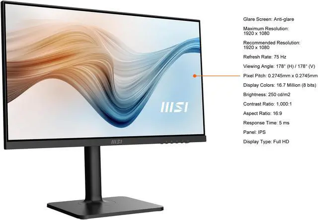 Alt view image 6 of 18 - MSI Modern MD241P 24" (23.8" Viewable) 1920 x 1080 FHD 75Hz IPS HDMI USB Type-C Swivel Pivot Height Adjust Tilt Built-in Speakers Monitor