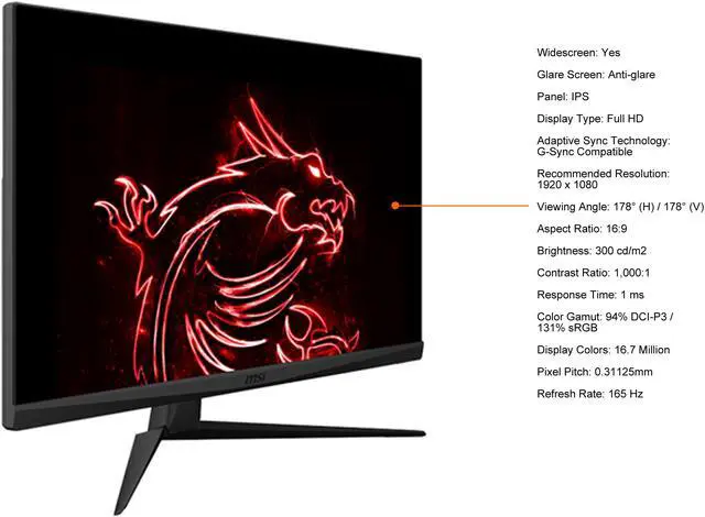 Alt view image 4 of 5 - MSI Optix G273 27" Full HD 1920 x 1080 165 Hz HDMI, DisplayPort, Audio G-Sync Compatible Gaming Monitor
