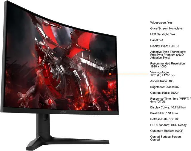Alt view image 4 of 19 - MSI OPTIX G271C 27" Full HD 1920 x 1080 165 Hz HDMI, DisplayPort, Audio FreeSync Premium (AMD Adaptive Sync) 1000R Curved Gaming Monitor