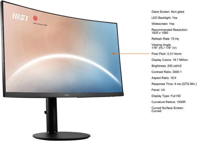 Alt view image 5 of 20 - MSI Modern MD271CP 27" Full HD 1920 x 1080 75 Hz HDMI, USB-C, Audio Built-in Speakers Curved Monitor