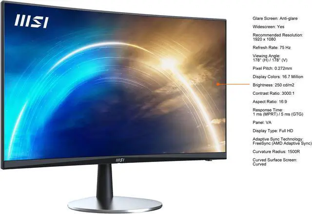 Alt view image 5 of 18 - MSI 24" 75 Hz VA FHD Monitor 1 ms (MPRT) / 5 ms (GTG) FreeSync (AMD Adaptive Sync) D-Sub, HDMI Curved Pro MP242C