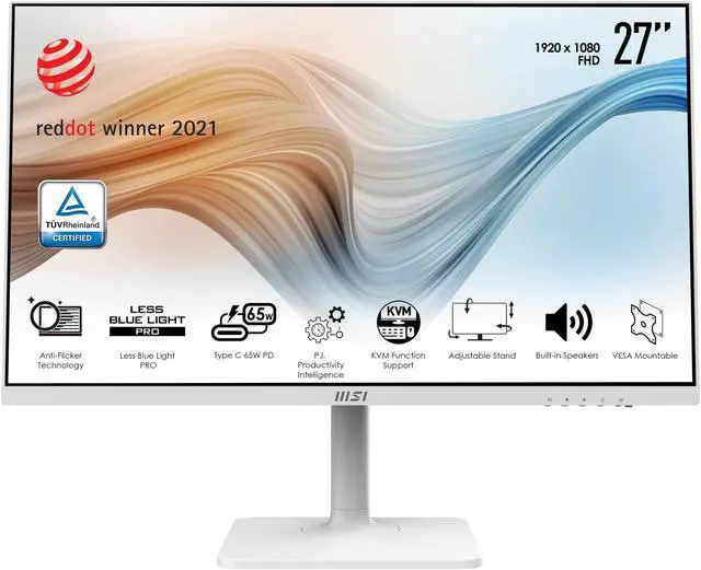 Alt view image 8 of 20 - MSI Modern MD272PW, 27" Monitor, 1920 x 1080 (FHD), IPS, 75Hz, TUV Certified Eyesight Protection, 5ms, HDMI, Displayport, USB C, Tilt, Swivel, Height Adjustable, Pivot,White