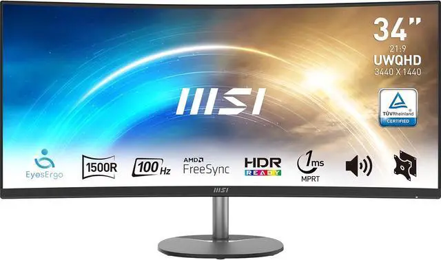 Main image of MSI Pro MP341CQ, 34" Monitor, 3440 x 1440(UWQHD) VA, 100Hz, TUV Certified Eyesight Protection, 4ms, Displayport, HDMI, Tilt, Black