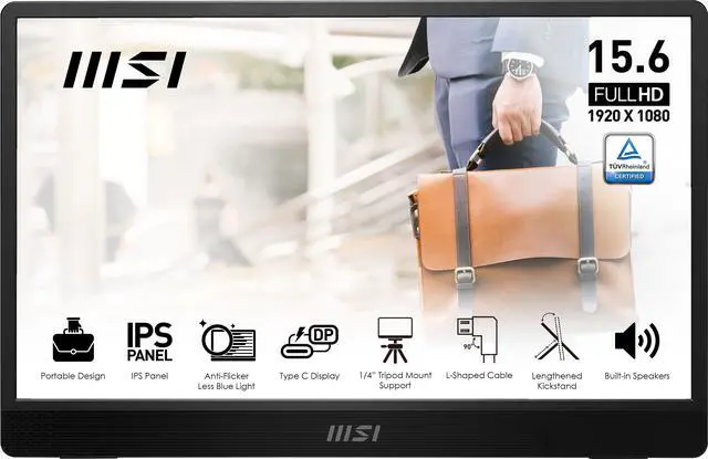 Main image of MSI Pro MP161 E2 Portable Monitor, 15.6" FHD IPS 1080p, USB Type-C, Mini-HDMI, Built-in Speakers, Perfect for PC, Mac, PS5, PS4, Xbox, Mobile, Metal Gray