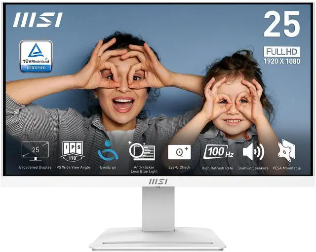 Main image of MSI PRO MP253W 24.5-inch IPS 1920 x 1080 (FHD) Computer Monitor, 100Hz, Adaptive-Synch, HDMI, DisplayPort, VGA Port, VESA Mountable, Tilt, Speaker, 1ms, White