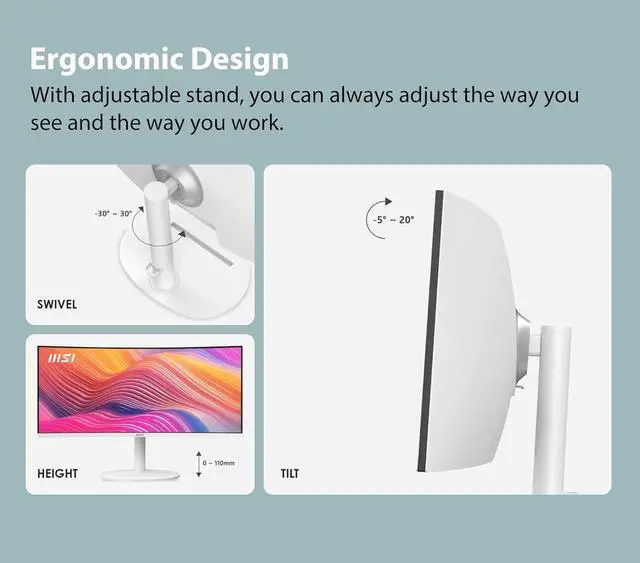 Alt view image 9 of 20 - MSI 34" 120 Hz VA UWQHD Monitor 1ms (MPRT) / 4ms (GTG) Adaptive-Sync Adobe RGB / DCI-P3 / sRGB: 92% / 95% / 119% USB-C, Curved Modern MD342CQPW