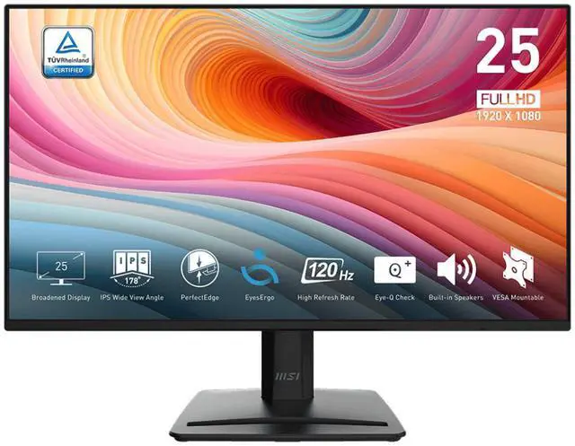 Main image of MSI PRO MP252 E2 24.5-inch IPS 1920 x 1080 (FHD) Gaming Office Monitor, 120Hz, Adaptive-Synch, HDR Ready, HDMI, VGA Port, Display Port,VESA Mountable, Tilt, Speaker, 4-side slim bezel, 1ms, Black