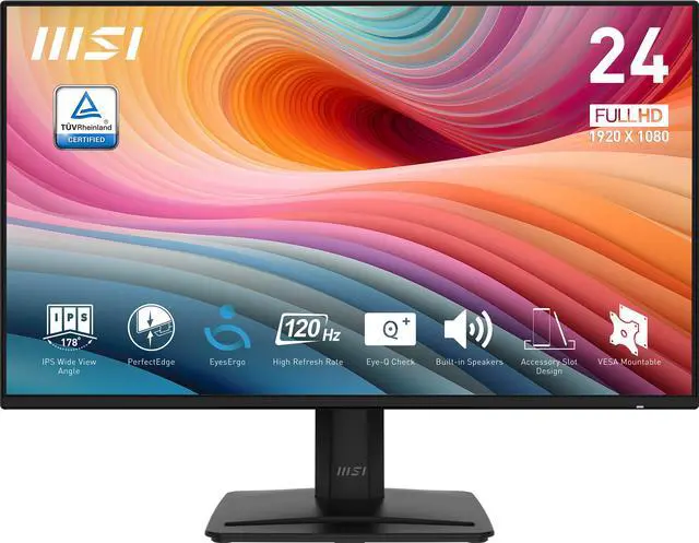 Main image of MSI PRO MP242A E2 24-inch IPS 1920 x 1080 (FHD) Gaming Office Monitor, 120Hz, Adaptive-Synch, HDR Ready, HDMI, VGA Port, Display Port,VESA Mountable, Tilt, Speaker, 4-side slim bezel ,1ms, Black