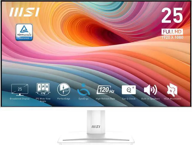 Main image of MSI PRO MP251W E2 24.5-inch IPS 1920 x 1080 (FHD) Gaming Office Monitor, 120Hz, Adaptive Sync, HDR Ready, HDMI, VGA Port, Display Port,VESA Mountable, Tilt, Speaker, 4-side slim bezel ,1ms, White