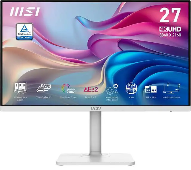 Main image of MSI Modern MD27UPHW 27-inch IPS 3840 x 2160 (UHD) Computer Monitor, 60 Hz, Adaptive-Synch, Display HDR 400, HDMI, DisplayPort, USBC 98W Power Delivery, KVM, VESA Mountable, Height Adjustable, Speaker