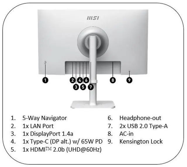 Alt view image 8 of 8 - MSI Modern MD27UPSW 27-inch IPS 3840 x 2160 (UHD) Smart Monitor, 60 Hz, Adaptive-Synch, HDR Ready, HDMI, DisplayPort, USBC 65W Power Delivery, VESA Mountable, Height Adjustable, Speaker, White