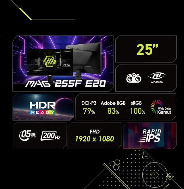 Alt view image 7 of 13 - MSI 25" (24.5") 200 Hz Rapid IPS FHD Gaming Monitor Adaptive Sync 83% ADOBE RGB / 79% DCI-P3 / 100% sRGB MAG 255F E20