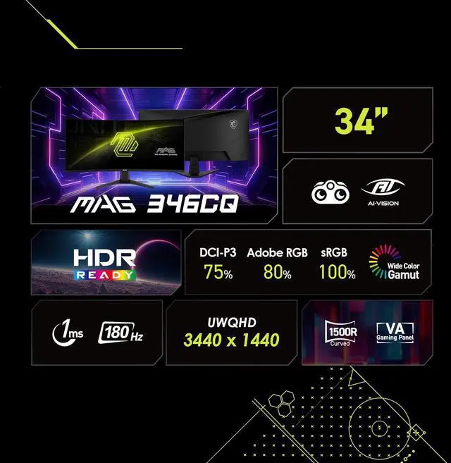 Alt view image 6 of 20 - MSI 34" 180 Hz VA Gaming Monitor FreeSync (AMD Adaptive Sync) MAG 346CQ