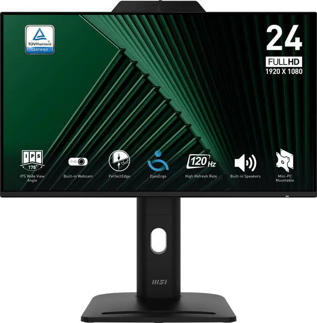 Main image of MSI PRO MP242PMG, 24-inch IPS 1920 x 1080 (FHD) Computer Monitor, 120Hz, Webcam, Adaptive-Synch, EPEAT Silver, HDMI, DisplayPort, VGA Port, VESA Mountable, Tilt, Height Adjustable, Speaker, 1ms, Black
